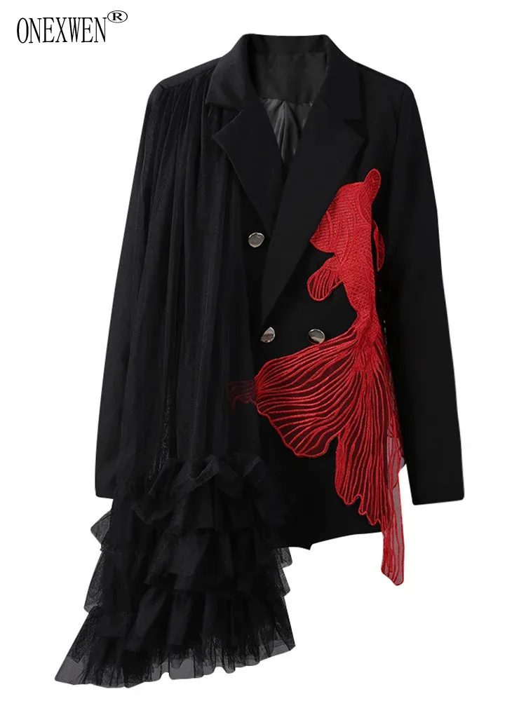 ONEXWEN Women's Black Blazer With Red Fish Embroidery And Asymmetrical Tulle Ruffle Detail Unique Design Jacket ZM3254