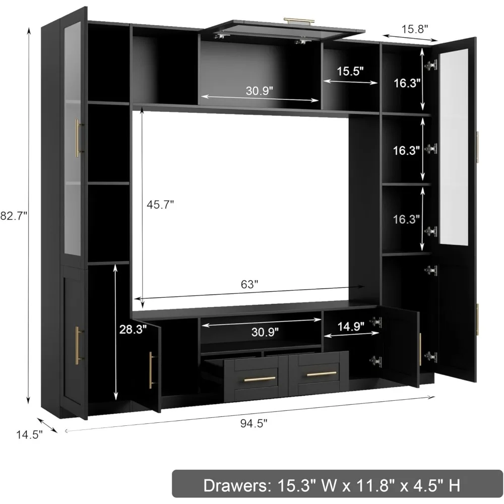 4-Piece Entertainment Wall Unit, Multifunctional TV Stand with Tempered Glass Door,Up-Flip Door & Shelves,Large Console Storage