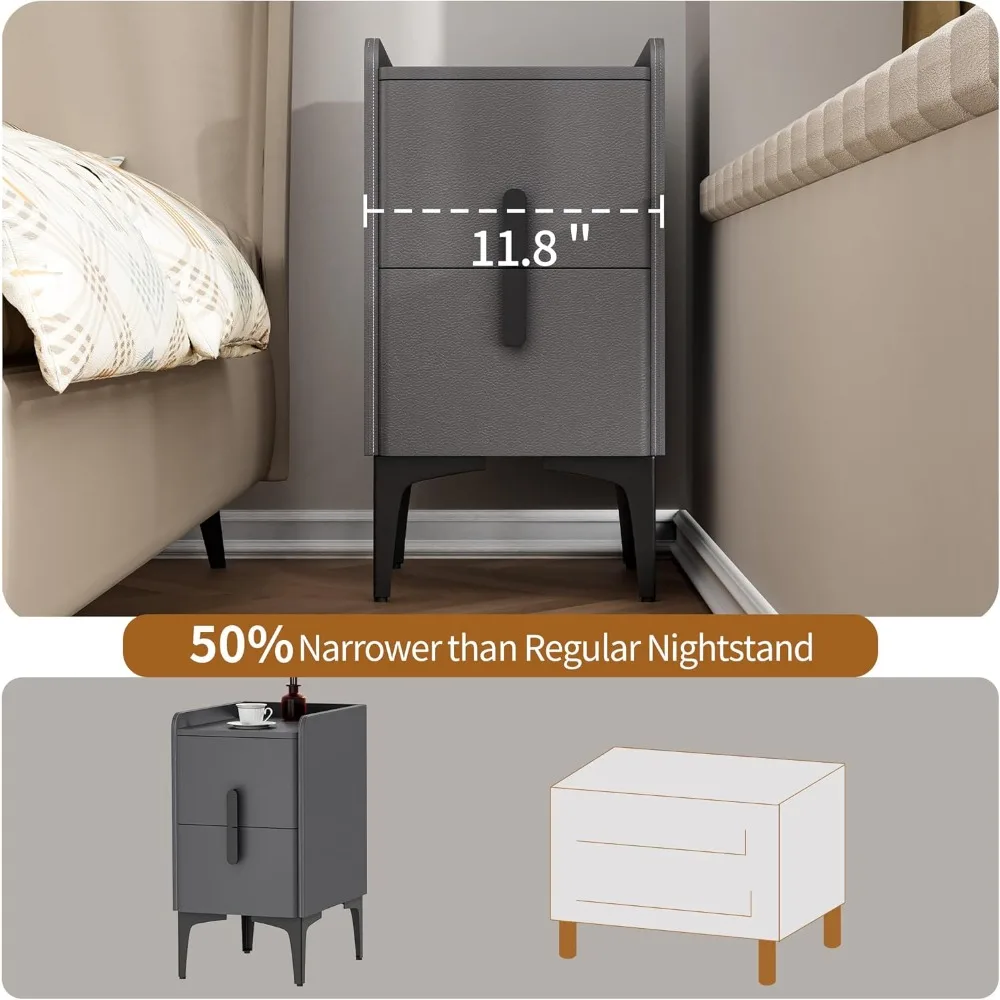 منضدة ضيقة مع درجين، سطح جلدي ضيق للطاولة الجانبية، طاولة بجانب السرير رفيعة لغرف النوم والمهاجع وغرف المعيشة #5