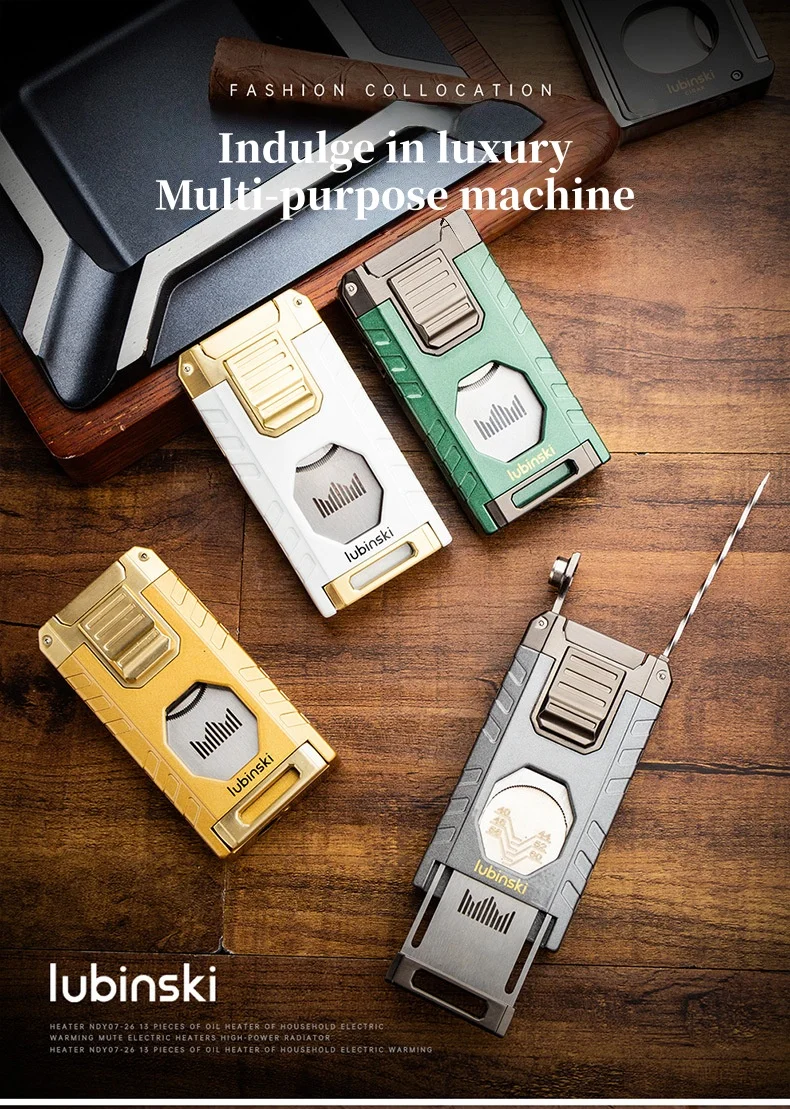

LUBINSKI Многофункциональная трехпрямая зажигалка для сигар с ножничной иглой для сигар, уличная ветрозащитная зажигалка для сигар