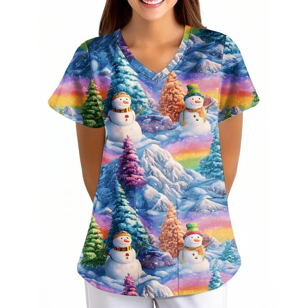 Uniforme hygiénique imprimé bonhomme de neige pour femmes, col en v, manches courtes, poches, matériau Micro élastique, uniformes cliniques, vêtements pour femmes