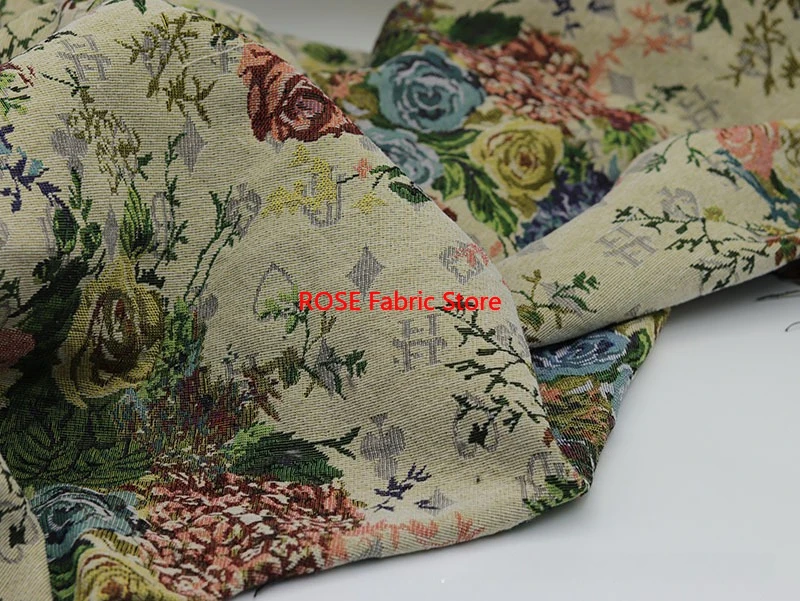 1 yard Yellow green rose jacquard fabric, thin floral print yarn-dyed fabric for Sofa pillow fabric, tablecloths, decoration