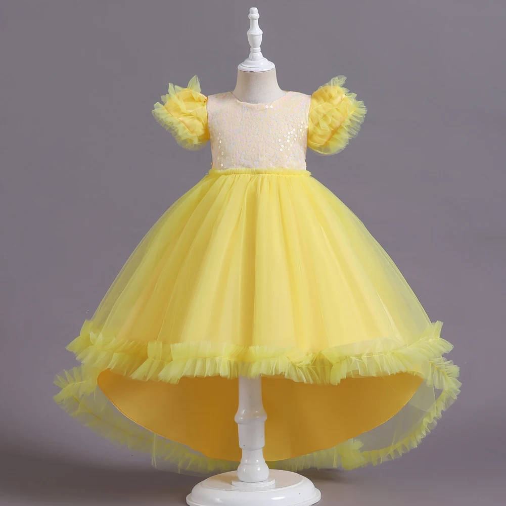 8608 Yellow Flower Girl Trailing Bridesmaid Wedding Dress Child Piano Performance Dress is suitable for Kid Party Wear