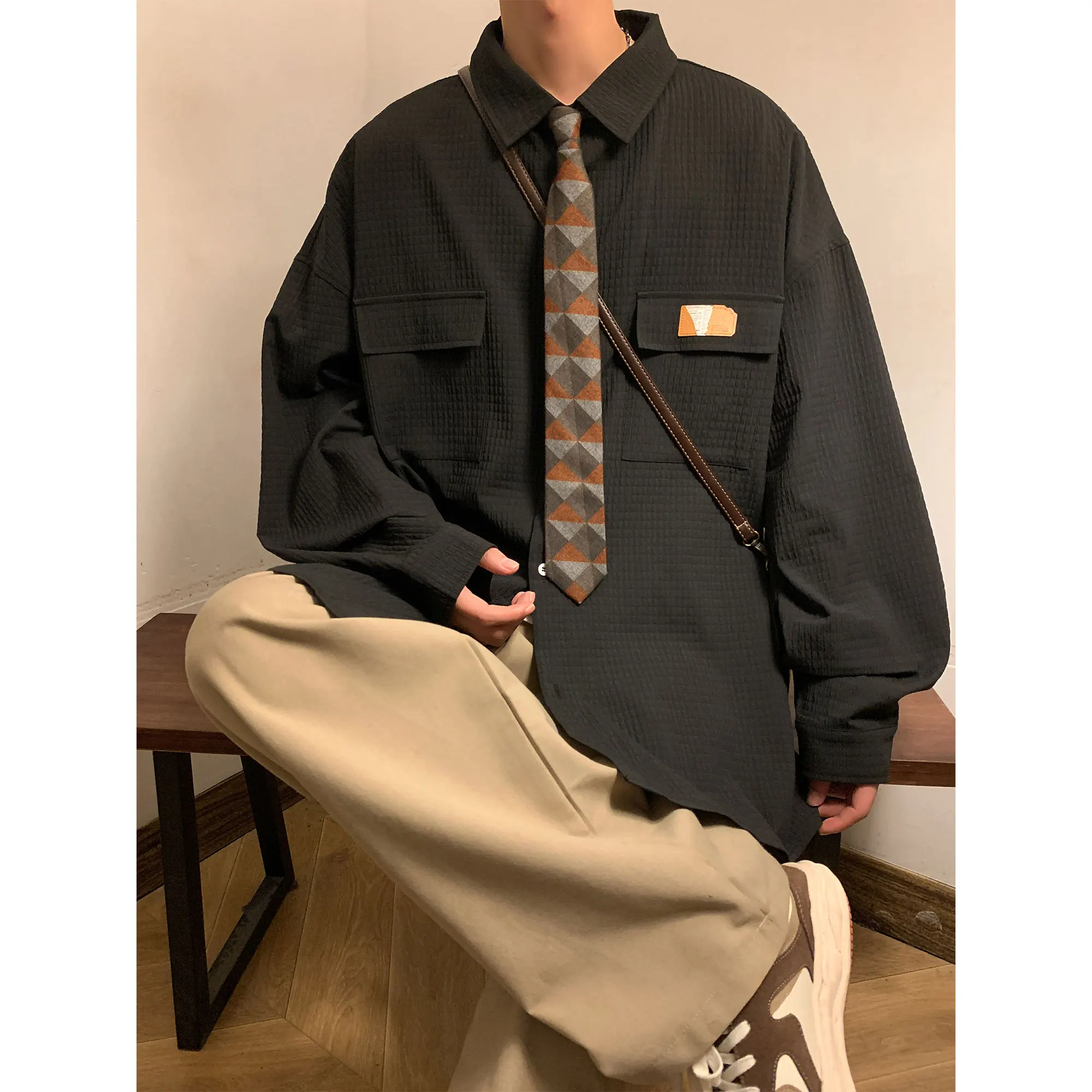 

Loose Casual Long Sve Men's irt Spring Autumn New Sle Trendy Brand Japanese College Sle Jaet Boy's Casual Top