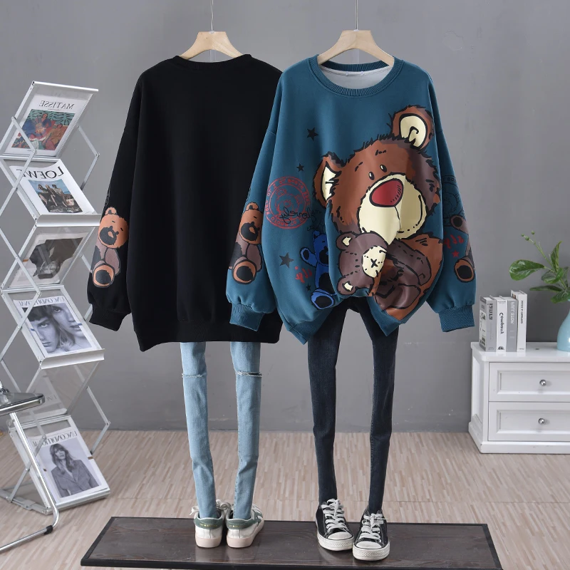 

YUQI Women Fashion Ladies Cute Bears Print Loose Sweatshirts Female O Neck Long Sleeve Hoodies Chic Pullovers Tops High Quality