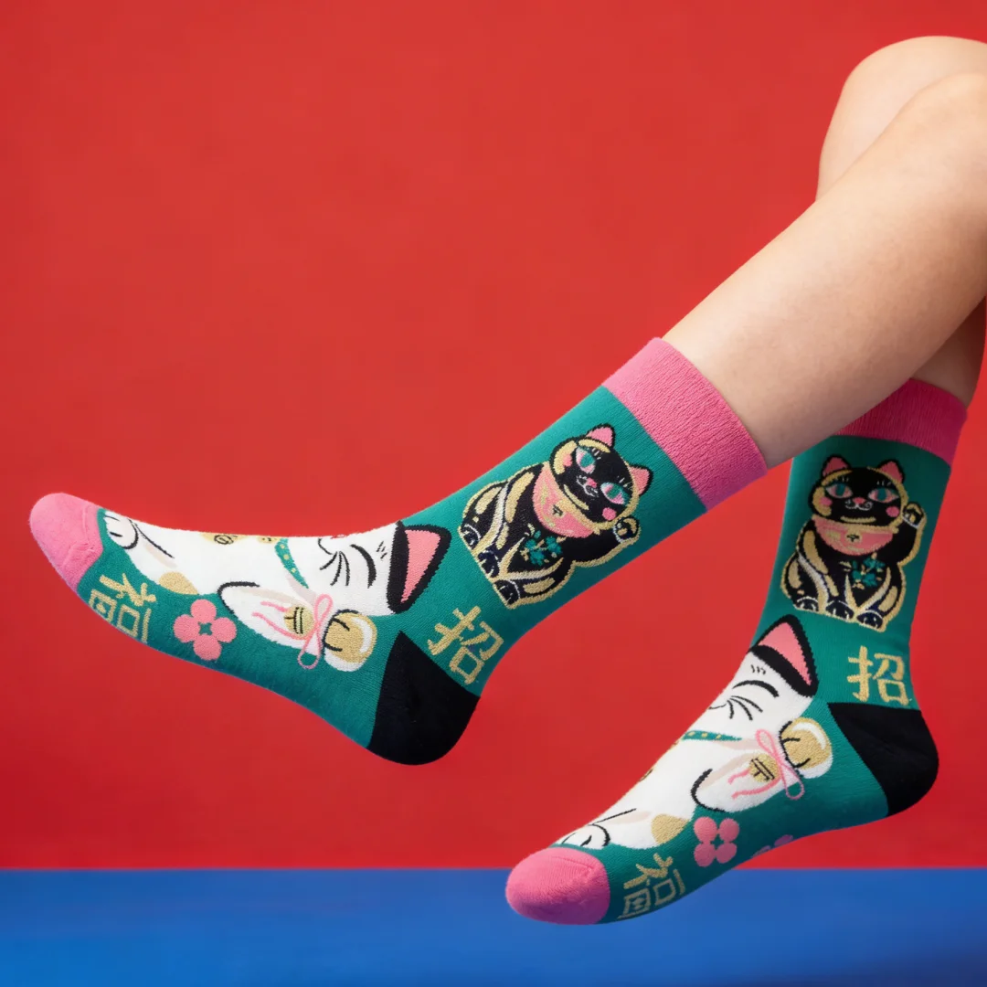 【1 Pair】Funny Lucky Cat Mid-Calf Socks, a Lucky Item Featuring Auspicious Characters，Suit In All Seasons For Unisex