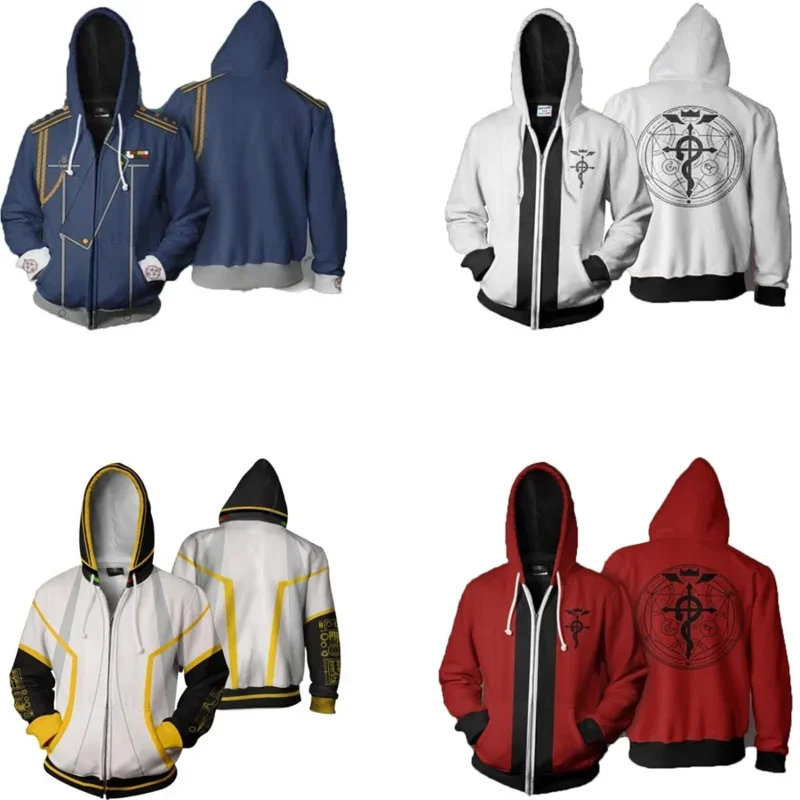 Anime Fullmetal Alchemist Cosplay Costume Edward Elric Alphonse Elric Roy Mustang Unisex 3D Hoodie Sweatshirts Zipper Jackets