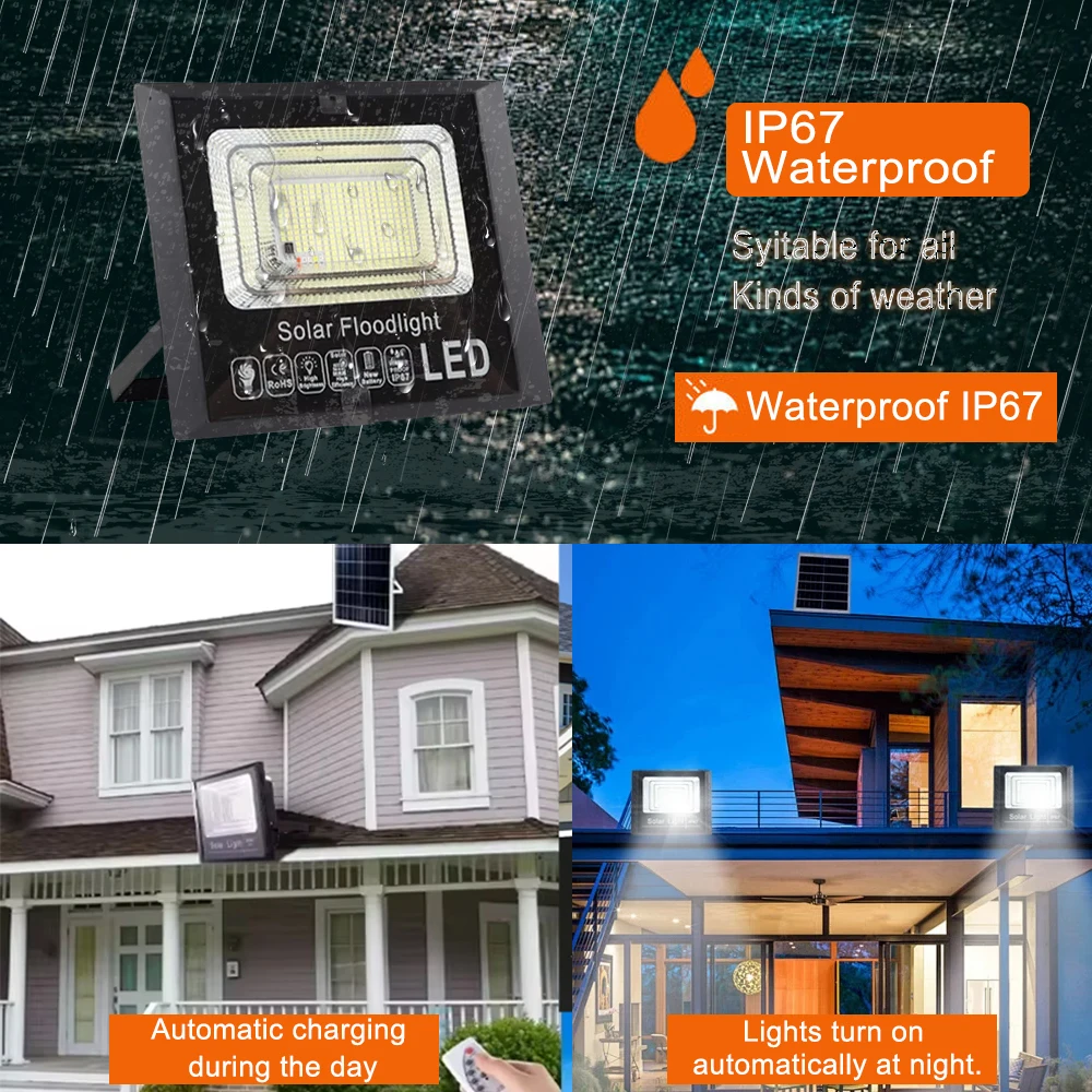 

LED IP67 ROHS Solar Flood Light 300W Outdoor Waterproof Solar Light, Daylight Remote Control ABS Plastic