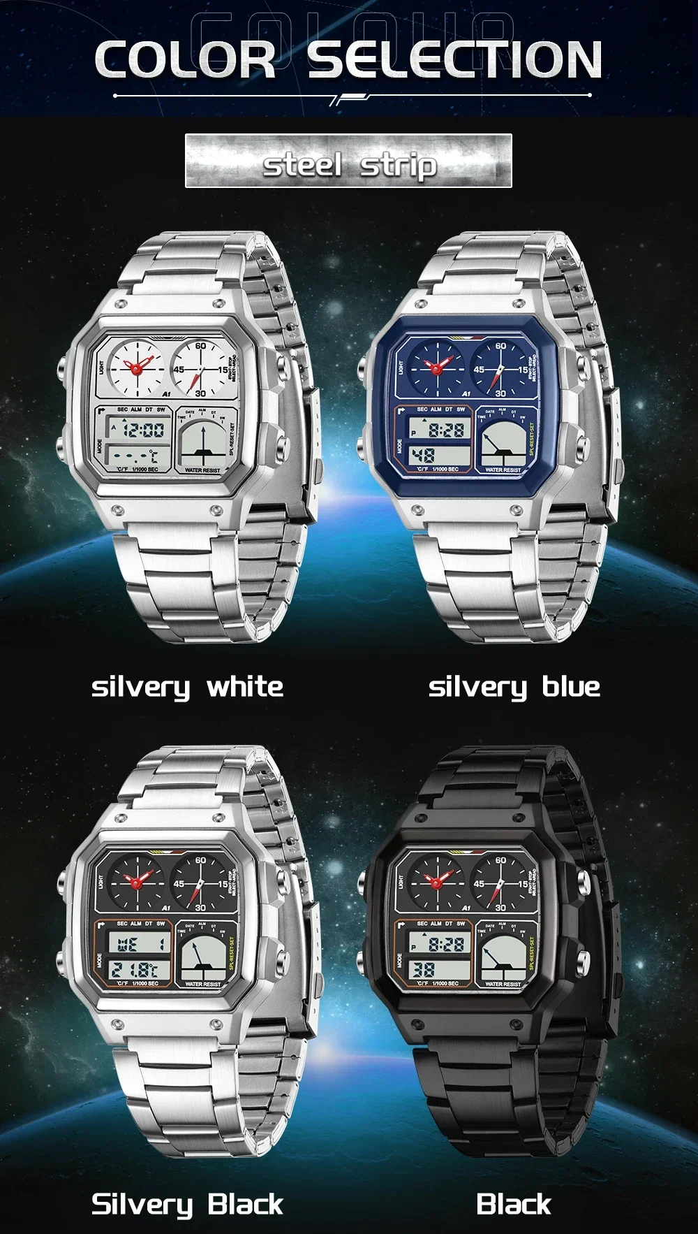 SANDA SD6257 ساعة رجالية شعبية رياضية متعددة الوظائف قياس درجة الحرارة ساعة إلكترونية مقاومة للماء