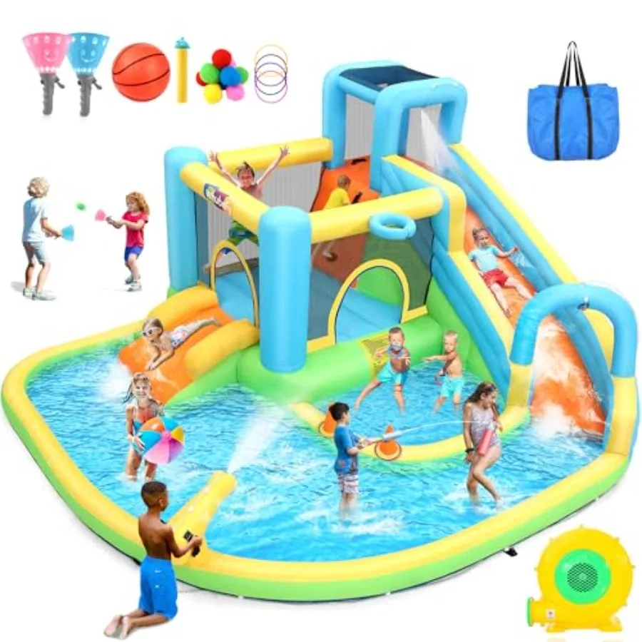 Casa de Brinco Acuática Grande de 12.8x12 pies para Niños de 3 a 12 Años, Casa de Brinco Inflable 13 en 1 con Tobogán Acuático, Piscina de Chapoteo, 2 Toboganes y Rociador de Agua A