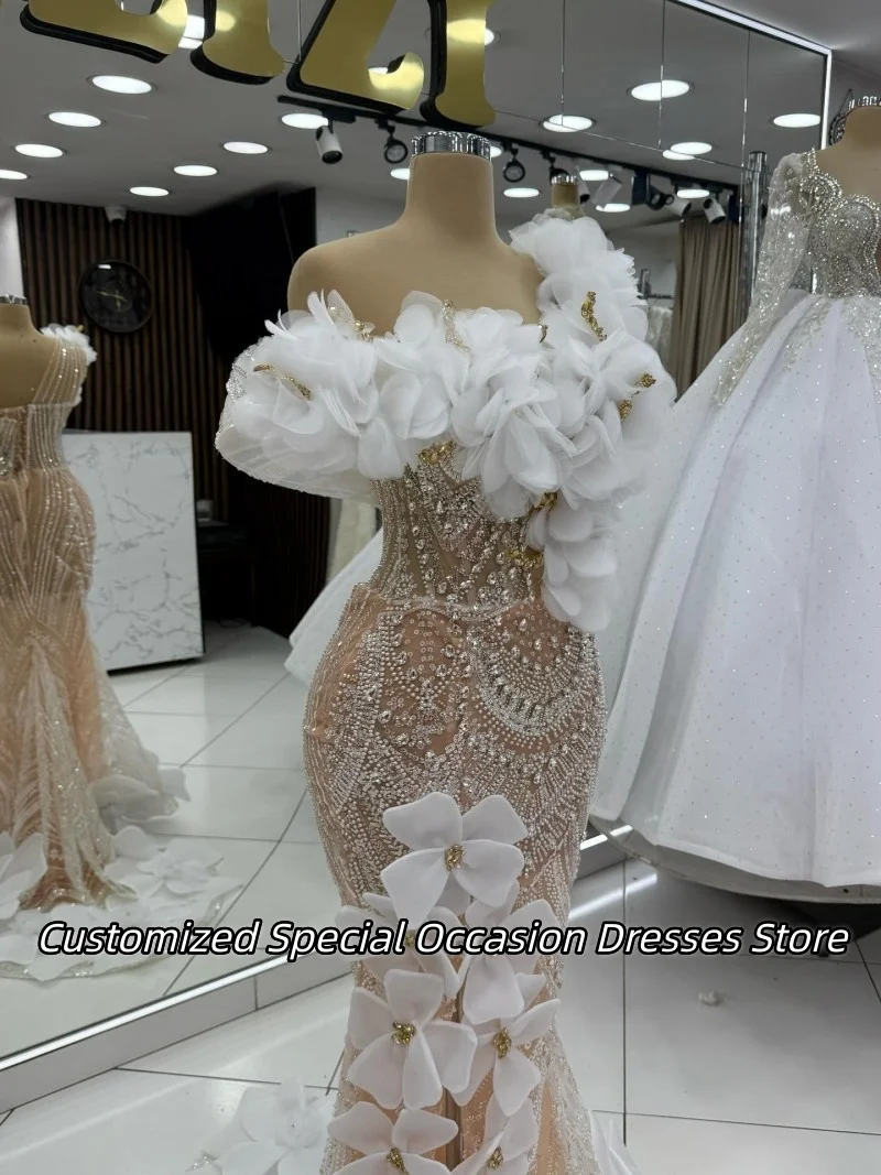 الشمبانيا الترتر قبالة الكتف فساتين السهرة للنساء رائعة مطرز الزهور حفل زفاف فستان فساتين حفلات مخصصة