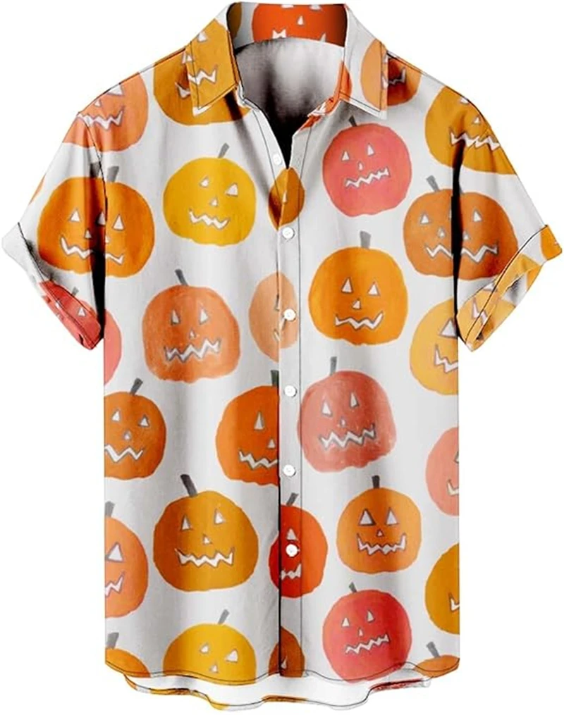 

Halloween 3D Printed Horror Pumpkin Head Graphic Short Sleeve Men's And Women's Fashion Casual Party Oversized Button-down Shirt