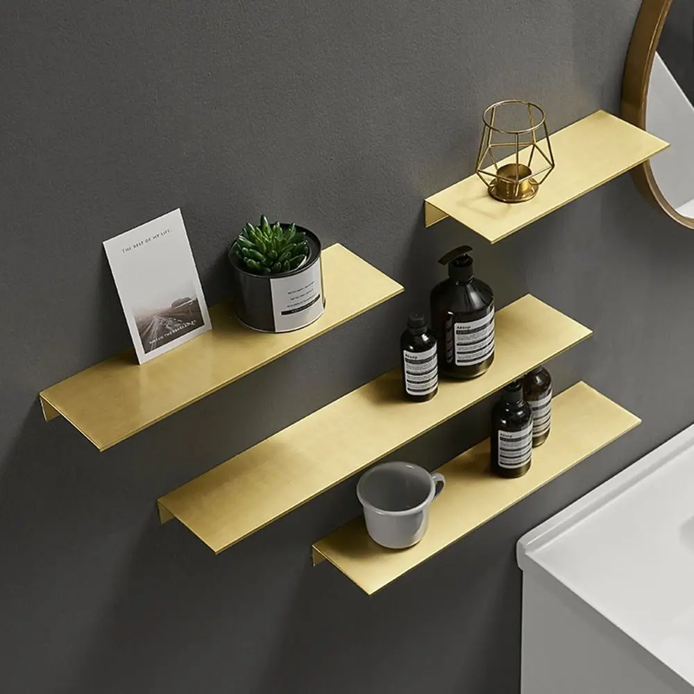 

Waterproof Wall-Mounted Floating Shelf Brushed Gold Adhesive Storage Rack Space Saving No Drill Photo Ledge Shelf Bathroom