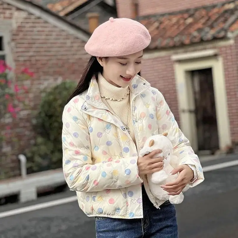 

2025 Winter Cotton Jacket for Women Coat Fashionable and Warm, Polka Dot Short Jacket Printed Top