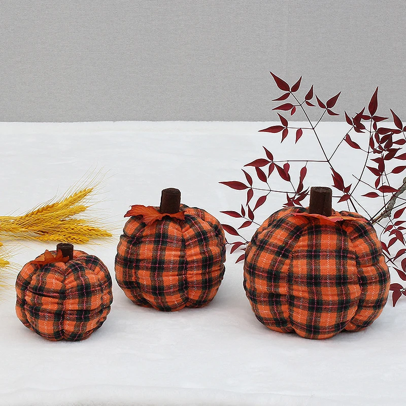 Halloween Plaid Pumpkins Harvest Festival Thanksgiving Decorative Supplies Knitted Fabric Pumpkin Ornament Props Multiple Sizes