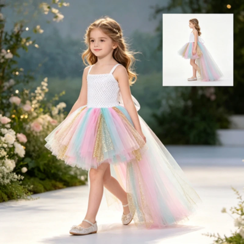 Girls' Princess Tulle Puffy Dress with Inner Lining, Trailing Formal Gown for Festivals, Outfit for New Year & Birthday Parties