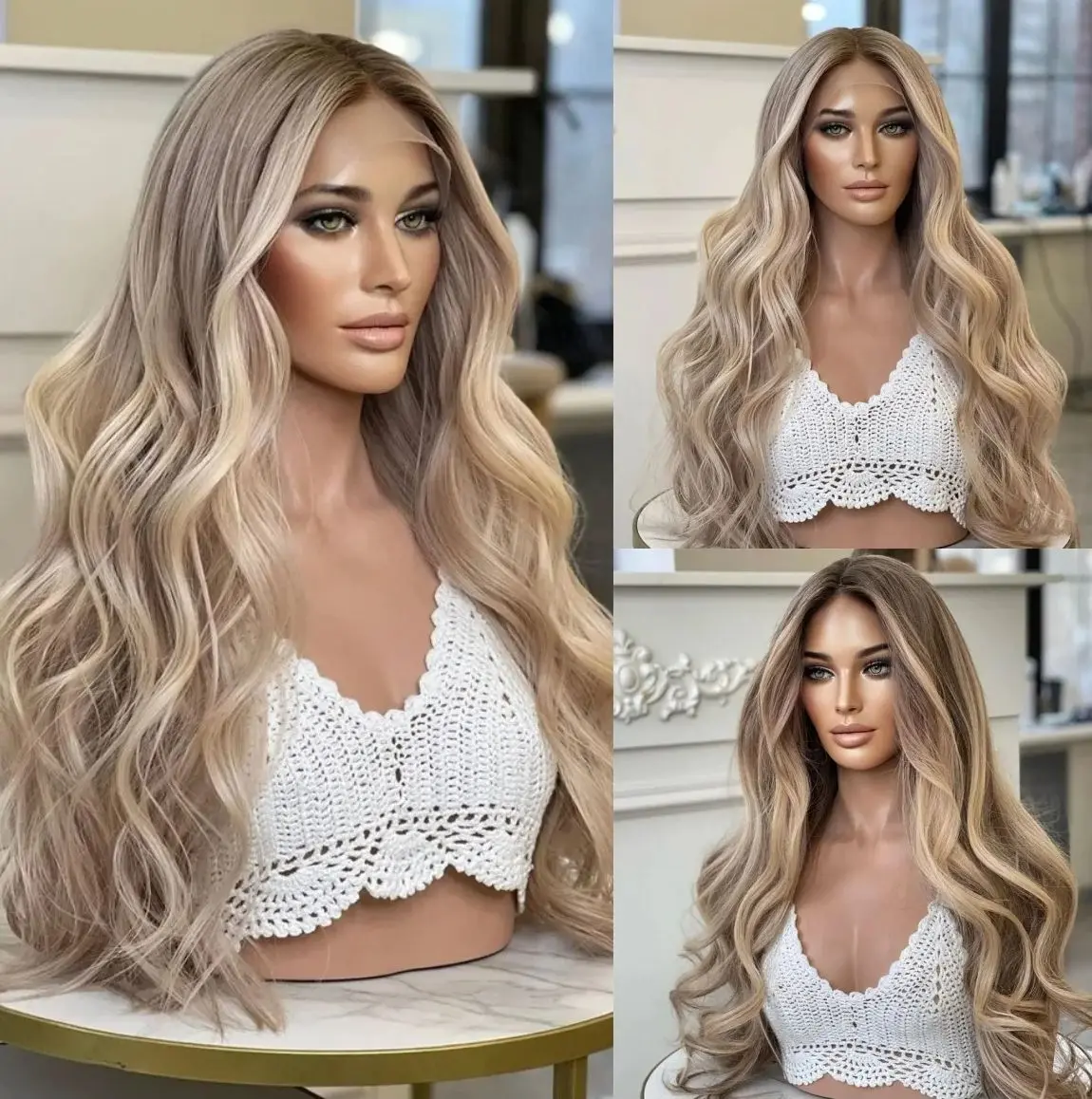 

Highlight Ombre Ash Blonde WIg Long Body Wave Lace Frontal Wig Synthetic Hair Daily Wear 13x4 HD Lace Wig Heat Resistant Fiber