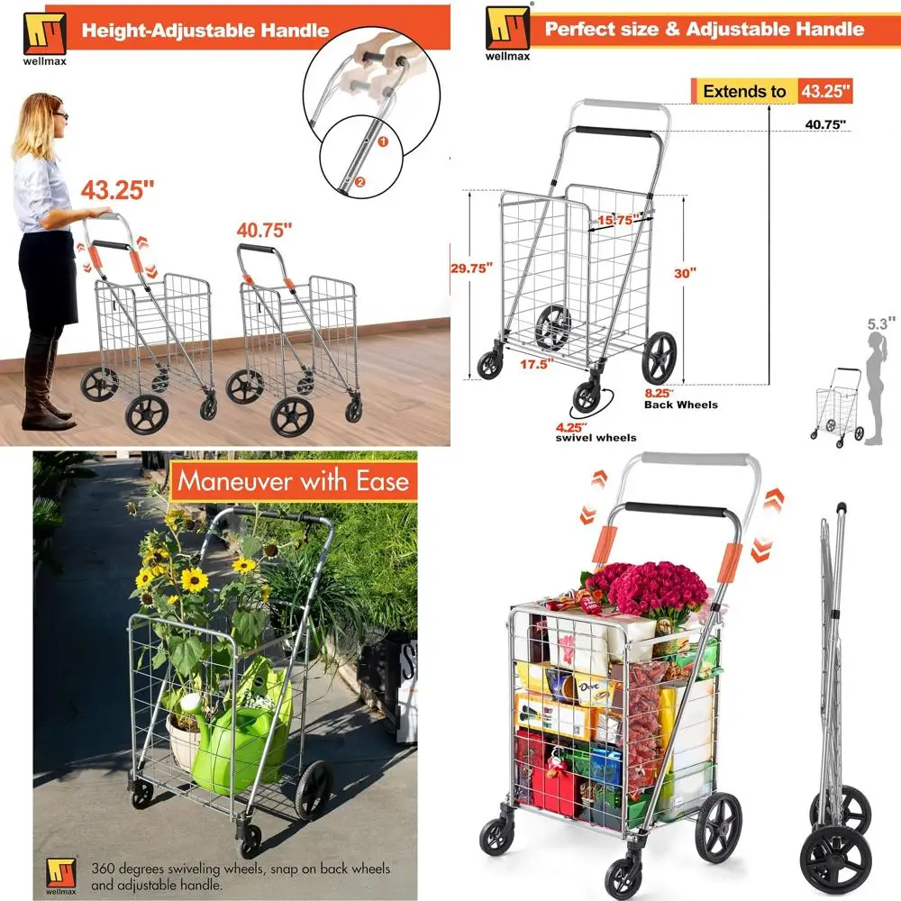 

Heavy-Duty Folding Utility Cart with Large Basket, Adjustable Handle, Swivel Wheels, 90 lb Capacity
