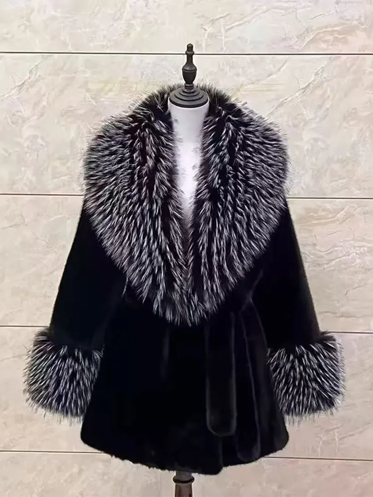 

Elegant Fur Collar Patchwork Women Coat Thicken Long Sleeves Lace Up Pocket Outwear 2025 Autumn Winter Chic Belt Lady Jacket