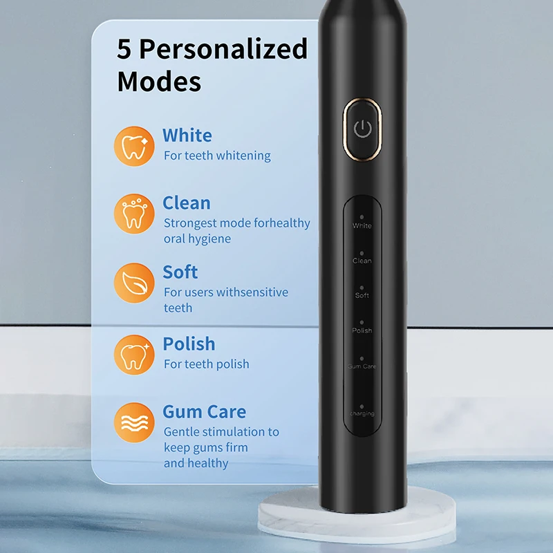 T5 Electric Sonic Toothbrush Rechargeable Electronic Tooth Brushes 5 Brushing Modes IPX7 Waterproof With Replacement Heads