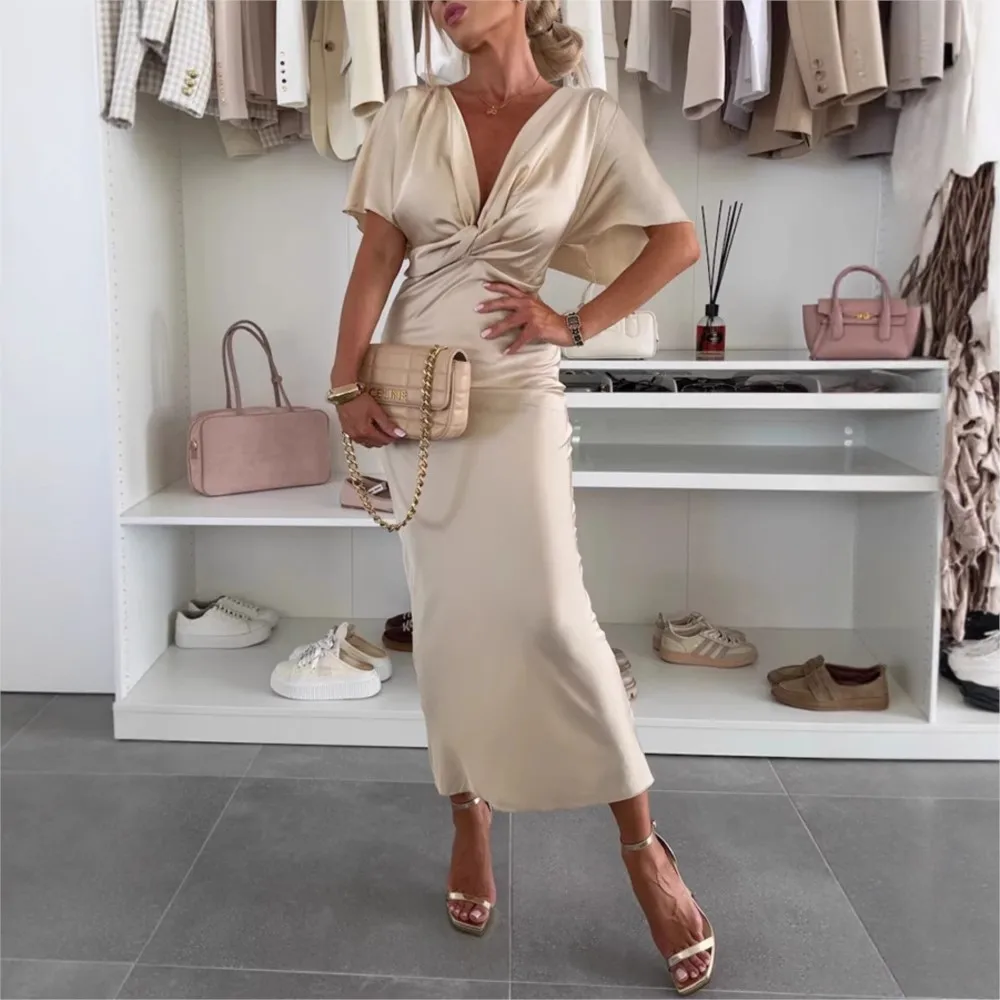 Mode Sexy Satijnen Jurk Vrouwen Batwing Korte Mouw Pakket hip V-hals Twist Bodycon Lange Jurk Elegante Partij High Street Jurk
