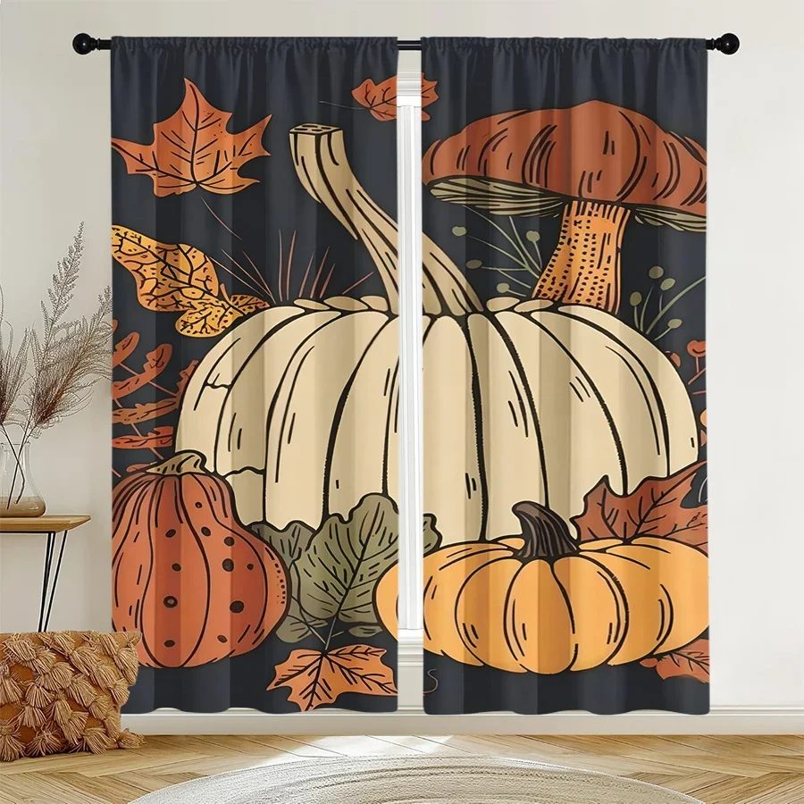 Autumn Harvest Fall Decor Window Curtain Pumpkin Mushroom Leaf Botanical Print Living Room Home Drapery