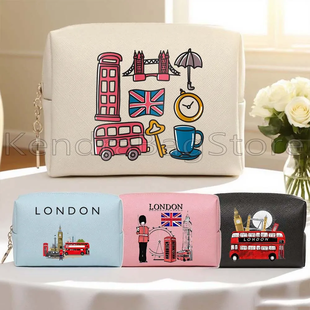 

London England Bridge Bus Cute Tourist Gifts PU Leather Travel Cosmetic Bag Women Makeup Bags Waterproof Toiletry Storage Bag