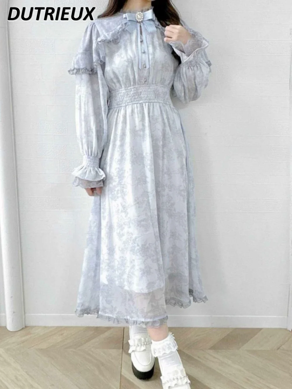 Sweet Girl Bow-Knot Mine-Tied Lace-up Printed Stand-up Collar Long Sleeve Dress Women's Japanese Style New High-Grade Maxi Dress