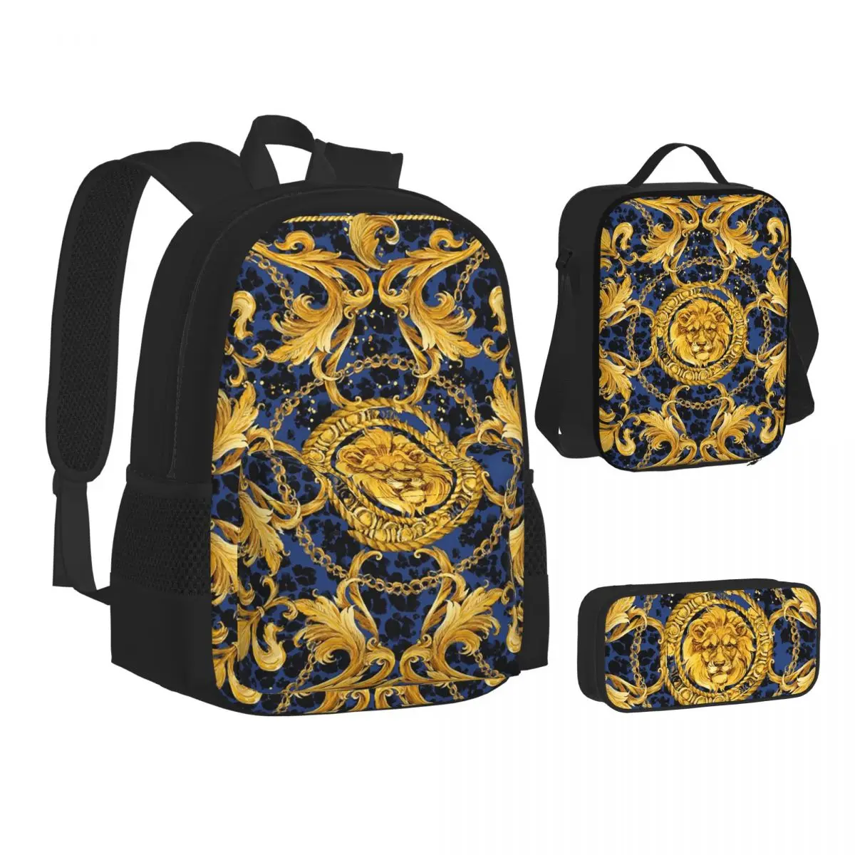

Golden Lion Baroque And Damask Ornament Backpacks Boys Girls Bookbag School Bags Rucksack Lunch Bag Pen Bag Three-Piece Set