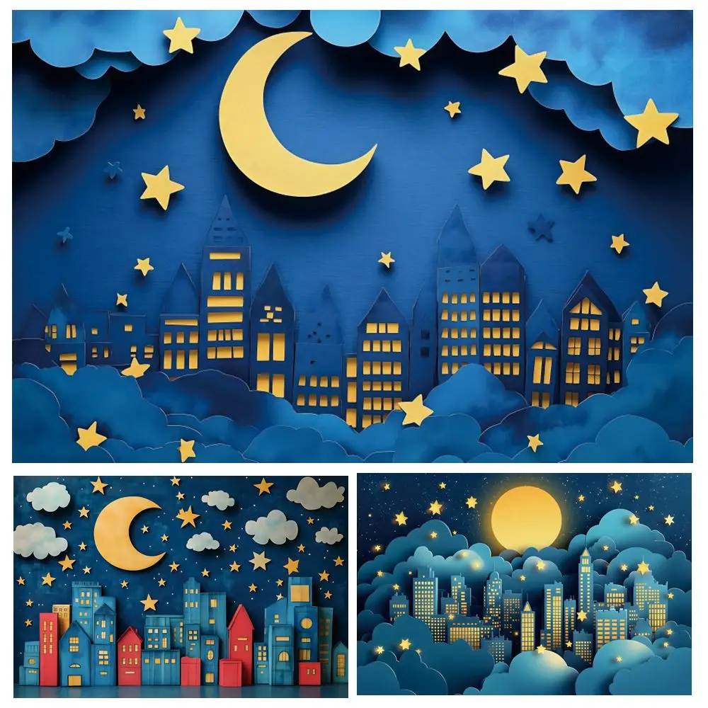 Baby 1st Birthday Party Backdrop Night City Bulidings Moon Stars Cake Smash Photography Background Wall Decor Photo Studio Props