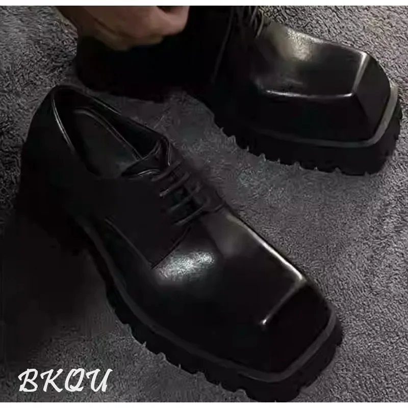 BKQU Square Head Derby Shoes Men and Women with The Same 2025 New Design Sense of The British Wind Thick Sole Everything