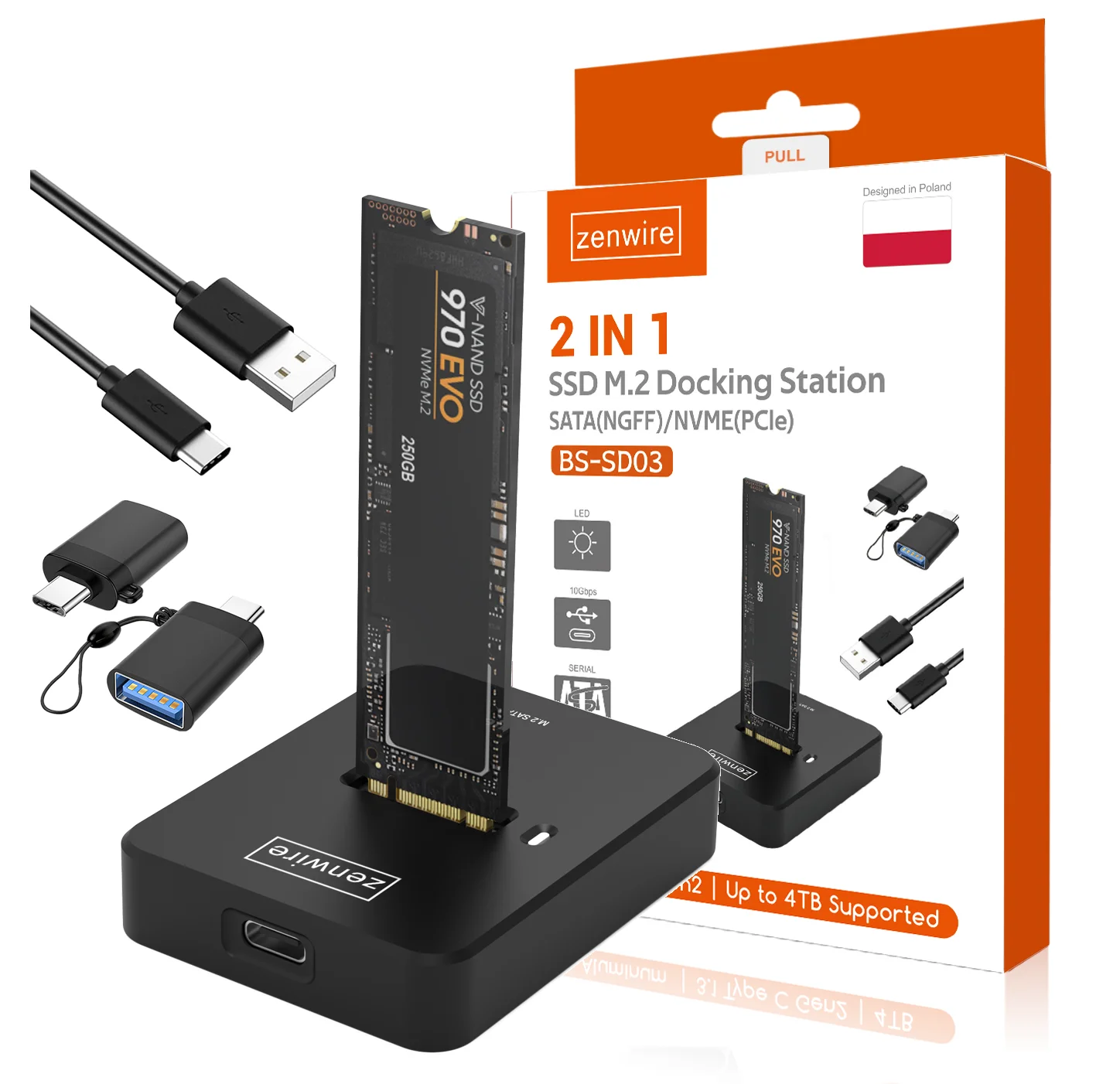 Zenwire SSD M2 NVME Phie SATA NGFF USB-C Adapter Draagbare Bulk Opslag Unit 10 Gb/s Drive Behuizing M.2 SD-03