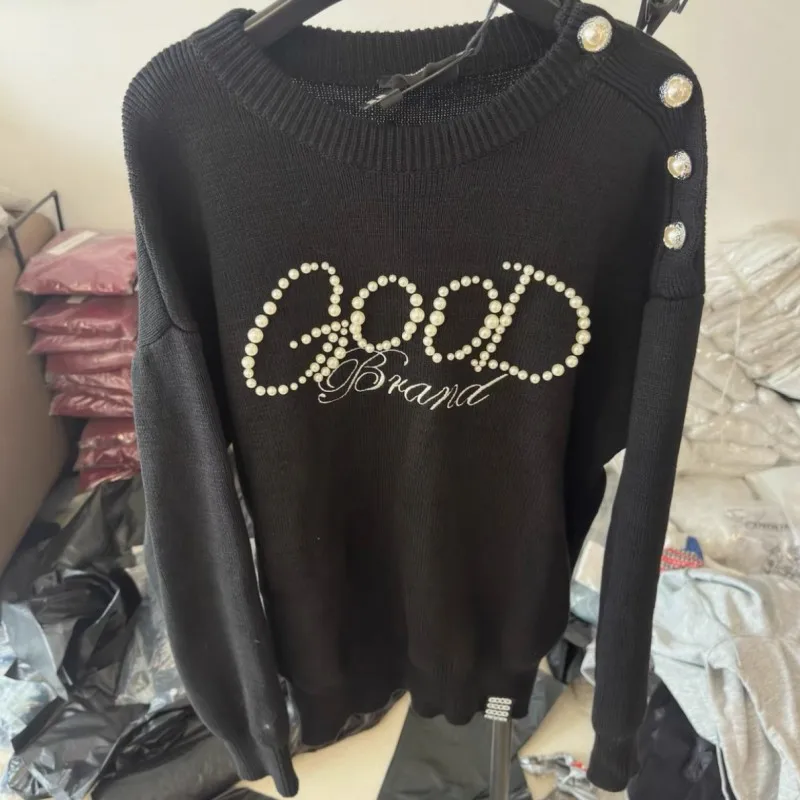 Real Photo Black Sweater GOODBRAND Pearl Logo Shoulder Button Pullover Winter Street Fashion Knitted Long Sleeve Men Women Tops