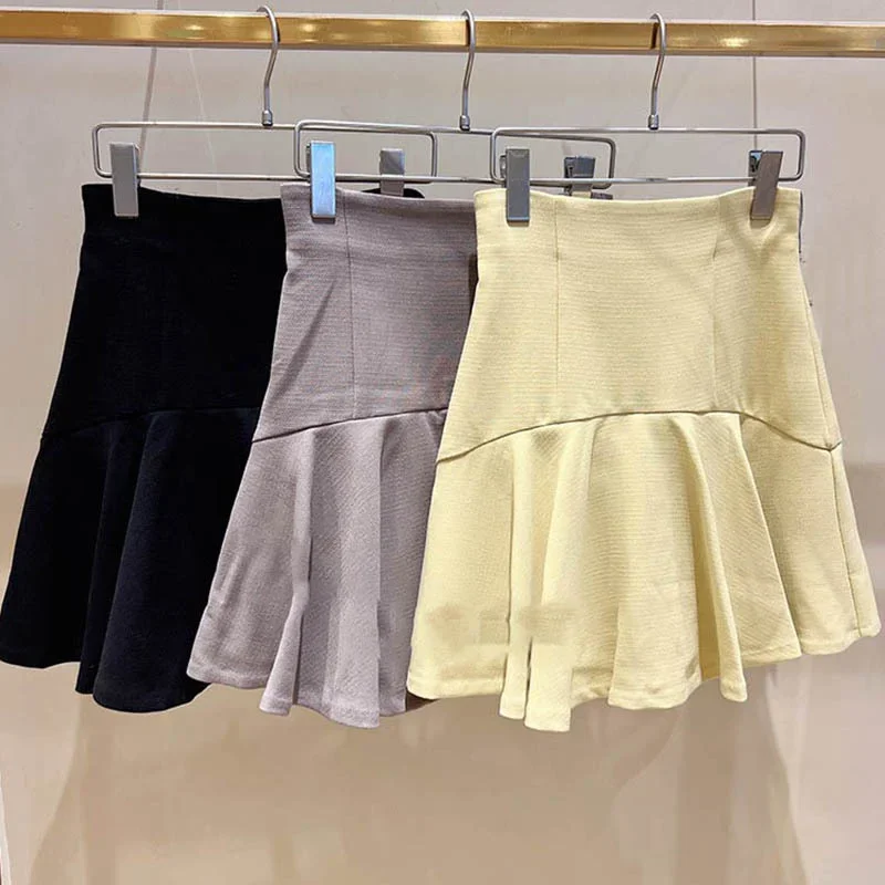 WAKUTA Autumn Winter Japanese Faldas Mujer Moda 2024 High Waist Solid Color Pleated Mini Skirt Slim with Safety Shorts Jupe