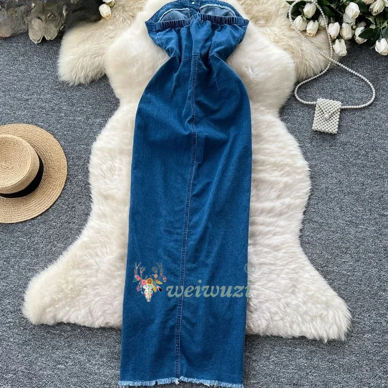 2026 Women Retro Strapless Denim Dress Sleeveless Single-Breasted Lace-Up Slim Summer Streetwear Party Clothing Sexy Jeans Dress