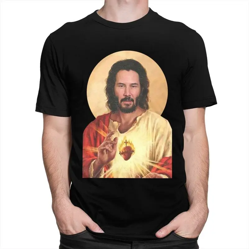 Custom Saint Keanu Reeves T Shirts Men 100% Cotton Tee Tops Meme Jesus John Wick Tshirts Short-Sleeve Casual T-shirt