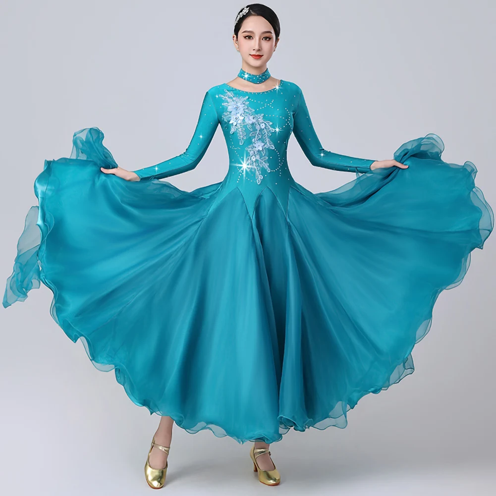 Vestido de competición de baile estándar, calcomanía de baile de salón de manga larga para mujer, vestido ajustado de práctica de baile con cuello redondo y diamantes de imitación