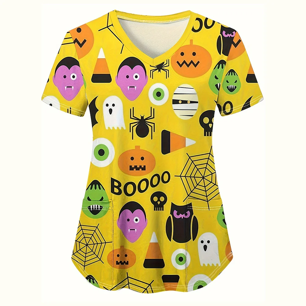 Halloween Nurse Uniform Woman Pumpkin Head Cartoon Print Health Care Nursing Tops V-Neck Short Sleeve Tee Uniforms Women Medical