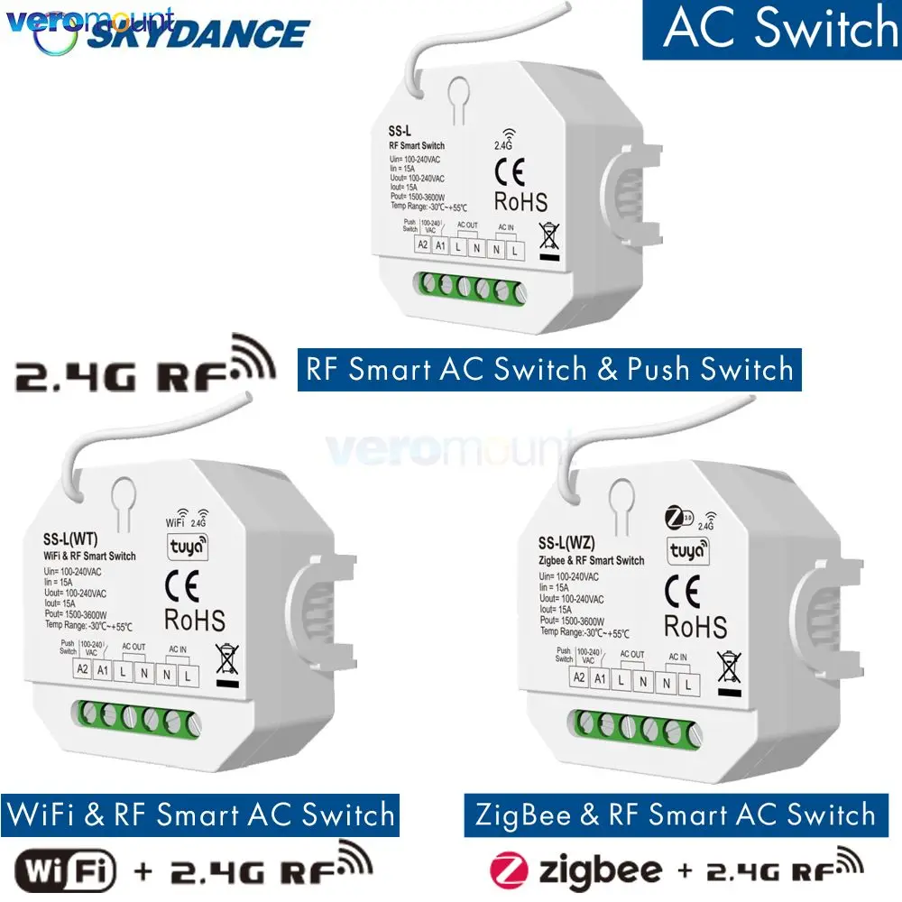 Skydance 100-240VAC 1CH*15A RF / ZigBee / WiFi Push Switch SS-L(WZ) SS-L(WT) SS-L Push Smart Switch Tuya App 2.4G Remote Control