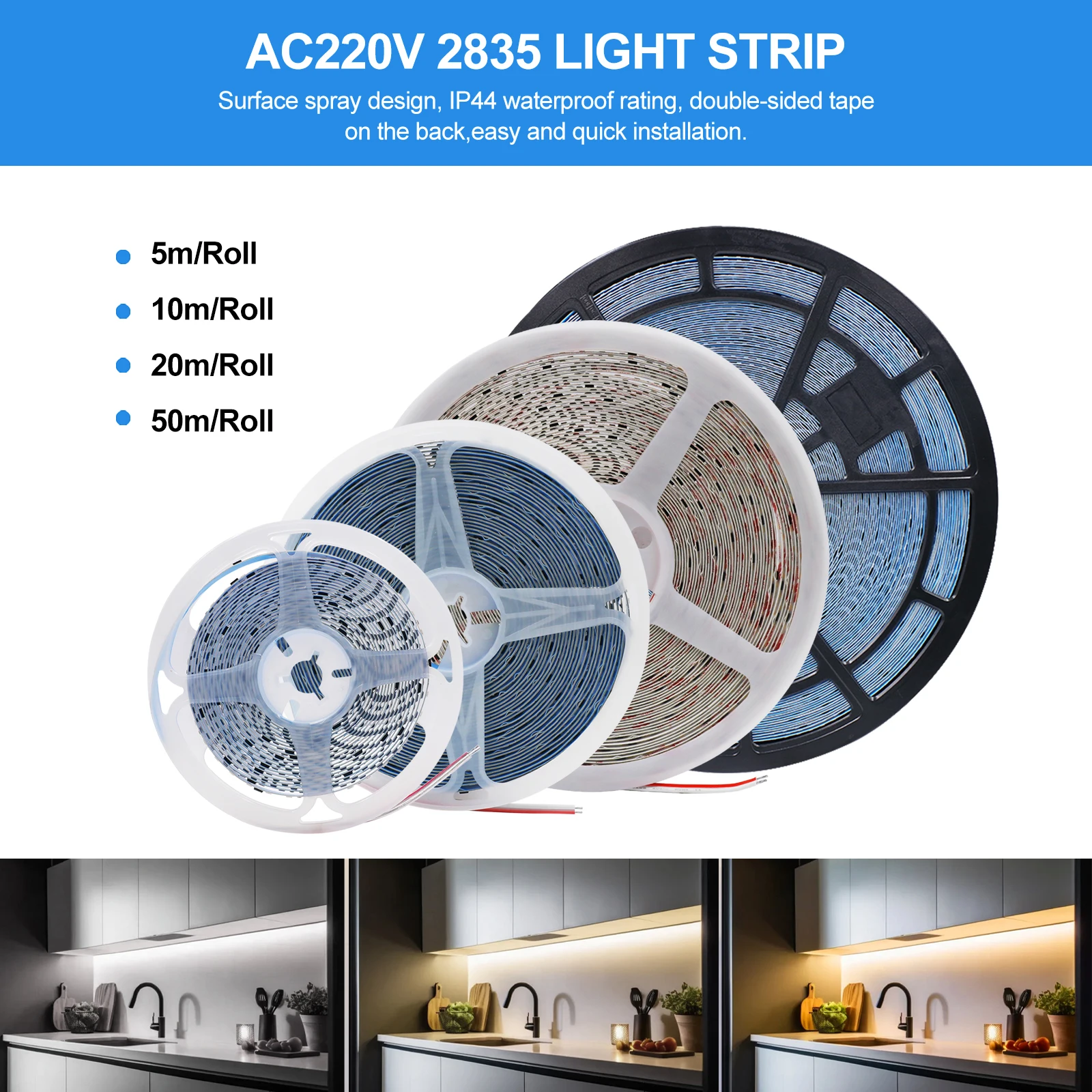 50M/Rol Led Strip Light Ac 220V Smd2835 120Leds/M Led Strip Ic Ip44 Waterdicht 10Cm Snijdbaar Flexibel Lint Touw Tape Licht