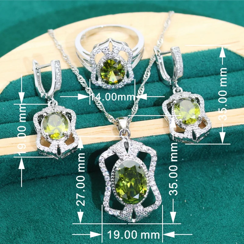 New Arrivals Necklace Wedding Sets Women Silver 925 Jewelry Olive Green Zircon Earrings Pendant Ring Bracelet Date Gift