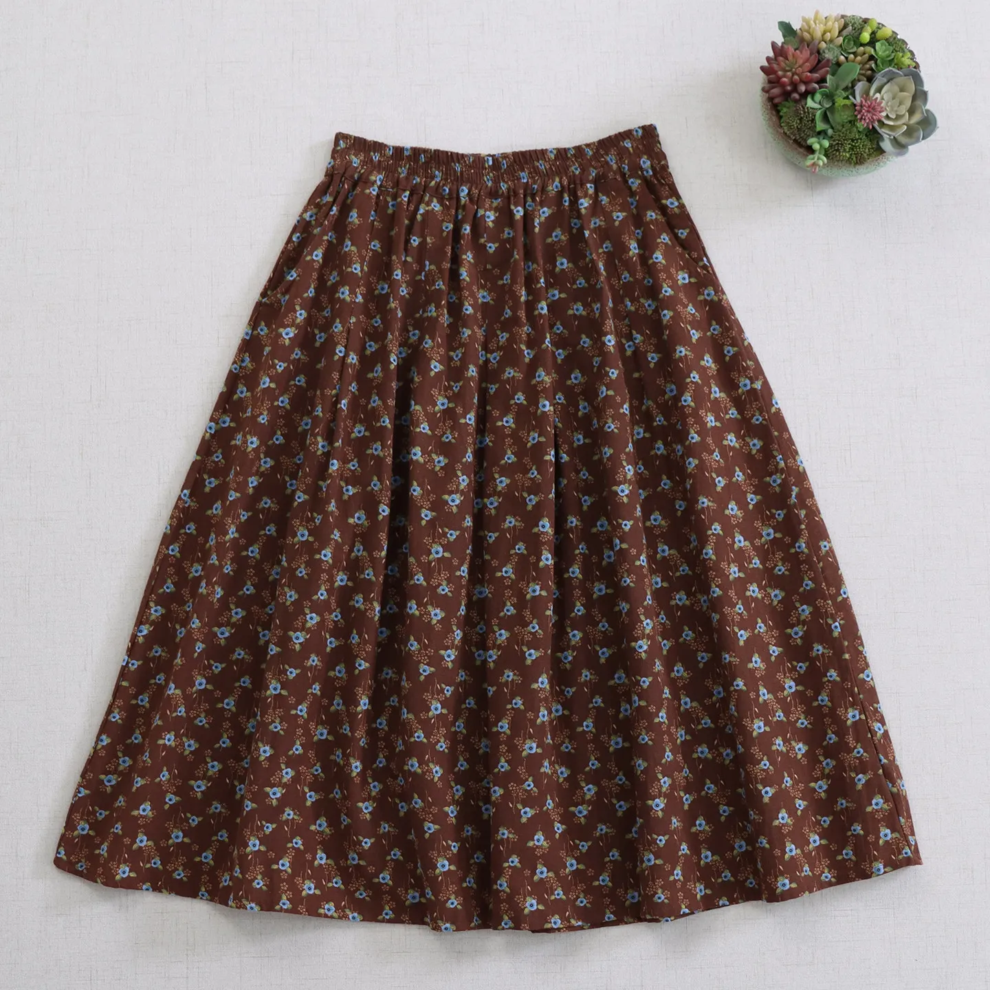 Japanese Mori Kei Clothing Vintage Floral Printed Cotton Skirts Women Spring Elastic Waist Casual Loose A-Line Midi Skirts