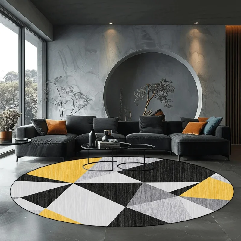 VIKAMA Minimalist Triangle Geometric Round Rug Yellow Black Grey Anti Slip Floor Mat For Bedroom Dresser Study Decor