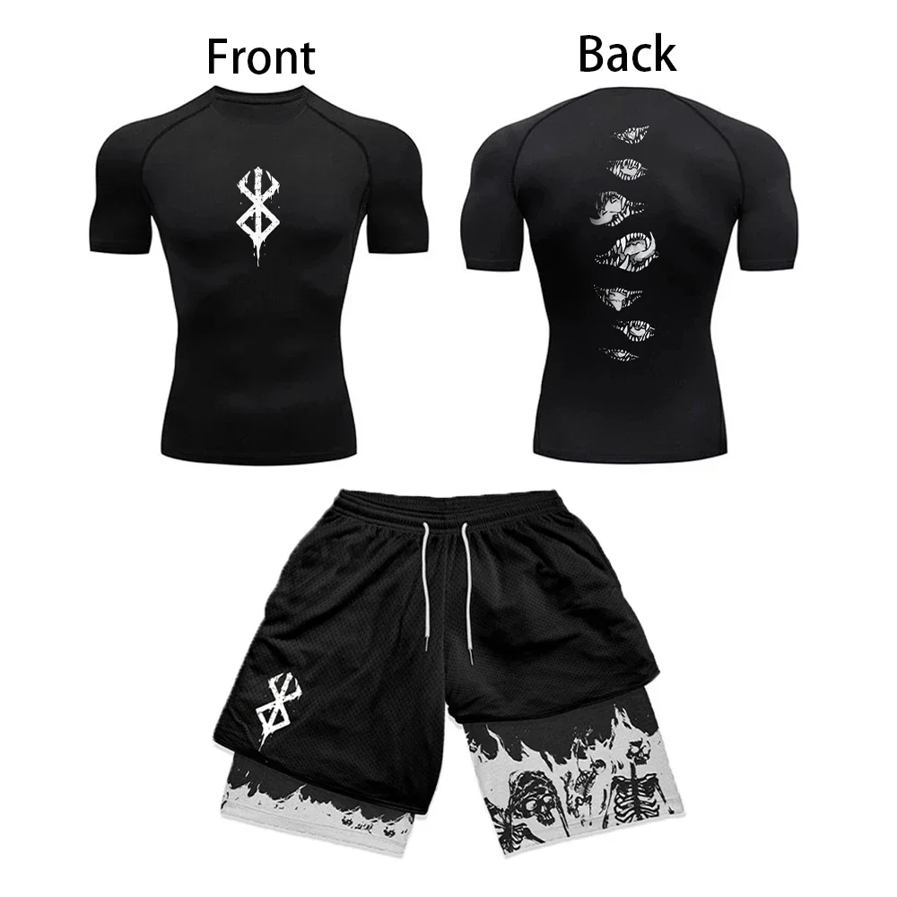 2024 Anime Berserk Guts 3D Printed Men\'s Compression Set Long/short Sleeve Gym Top+Workout Shorts Quick Drying Rash Guard Set