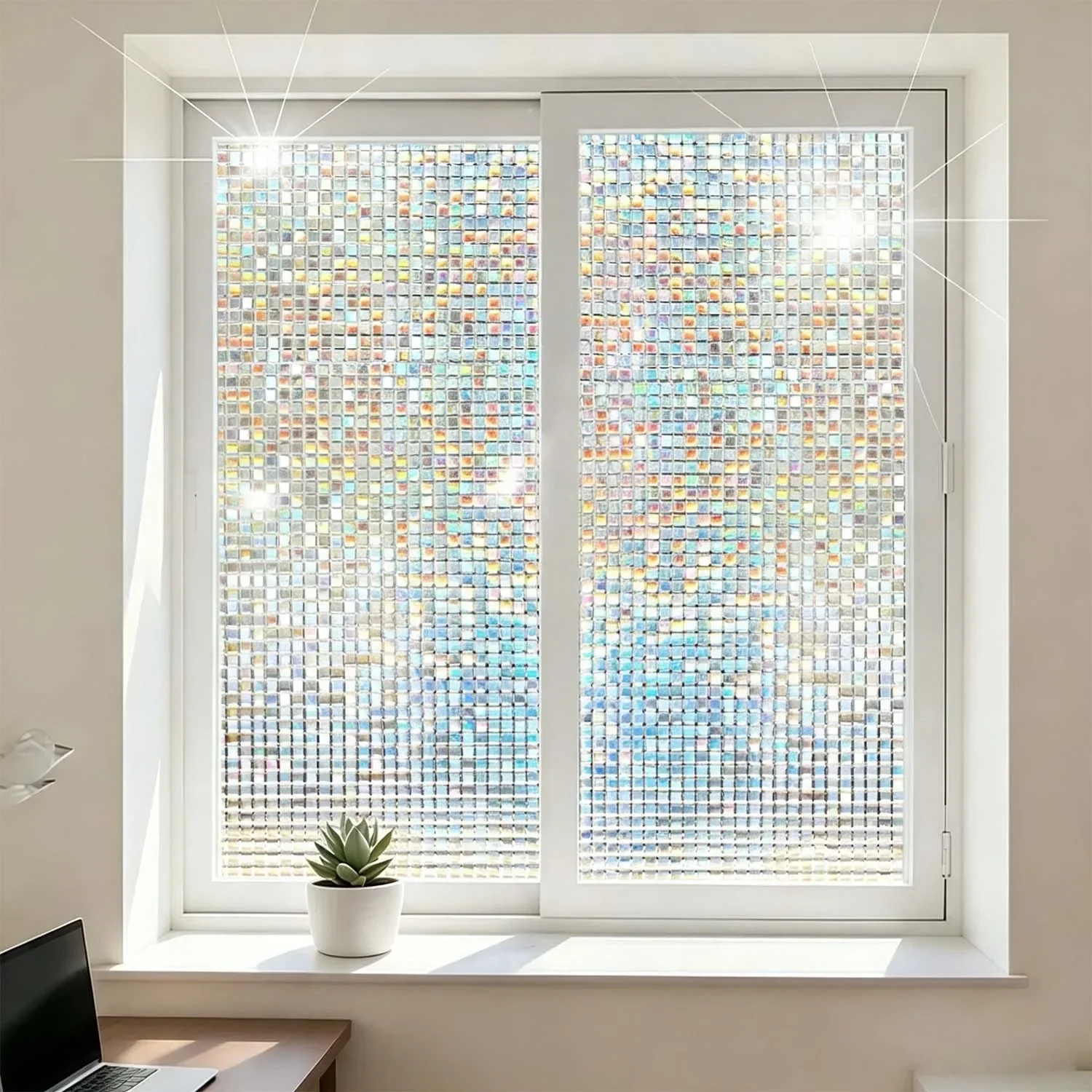 Window Privacy Film Mosaic Stained Glass Film Rainbow Removable Static Cling Tint, Non-Adhesive Privacy Stickers for Home Decor