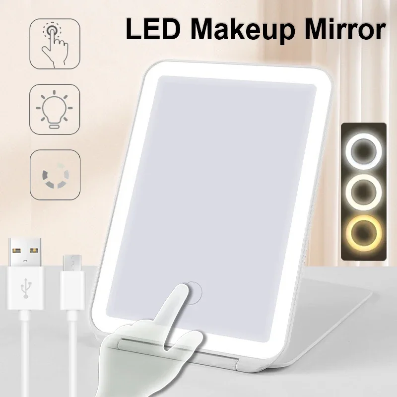 

Portable Vanity Mirrors 3 Color LED Light Dimmable Touch Screen Makeup Mirror Rechargeable Foldable Tabletop Light Up Mirror