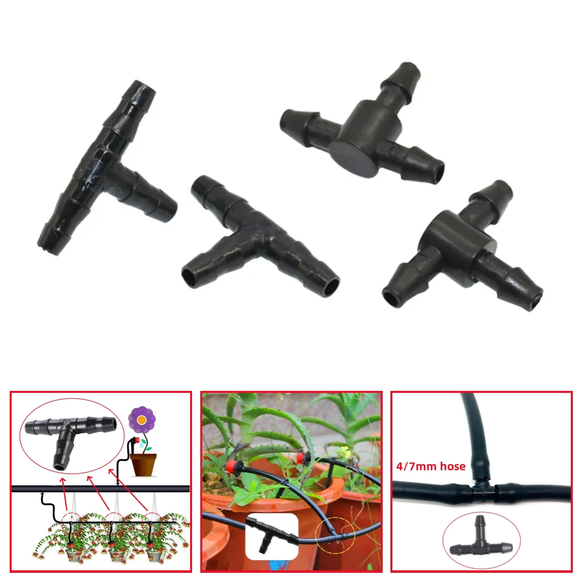 

6mm Single/Double Barbed 3-way 4/7mm Hose Connector Garden Agriculture Micro-spray Irrigation Water Splitter Black Tee 1000Pcs