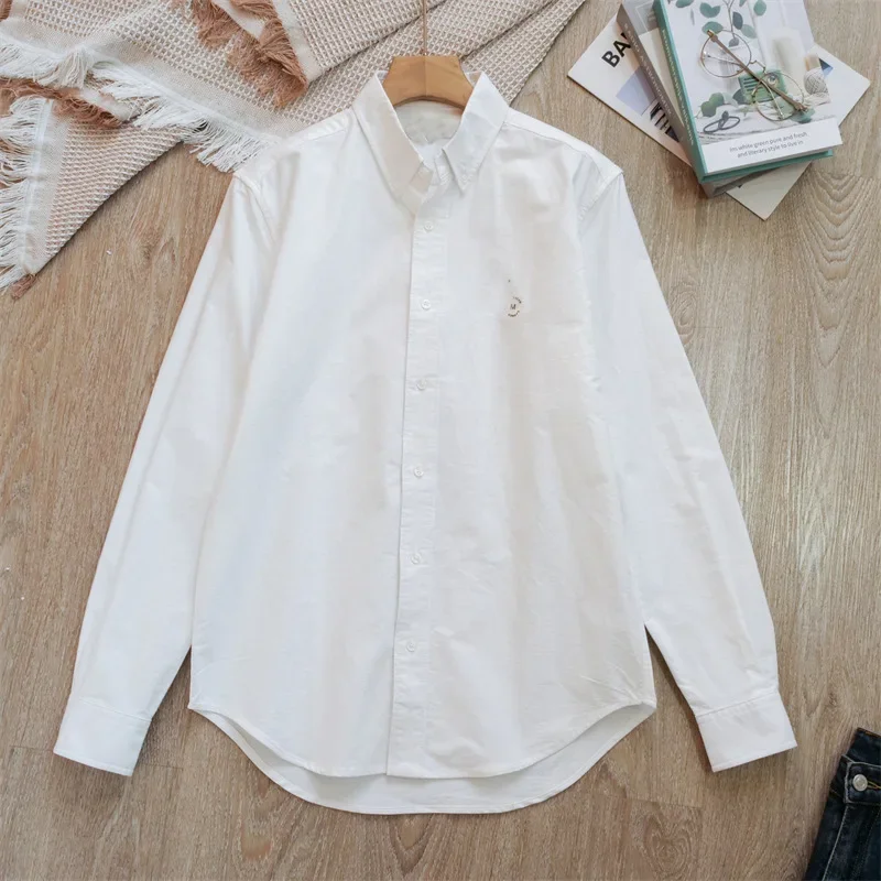 Horse Embroidery Oversize Shirts For Women Spring Full Sleeves White Blouse With Button Outdoor Clothing Autumn Tops