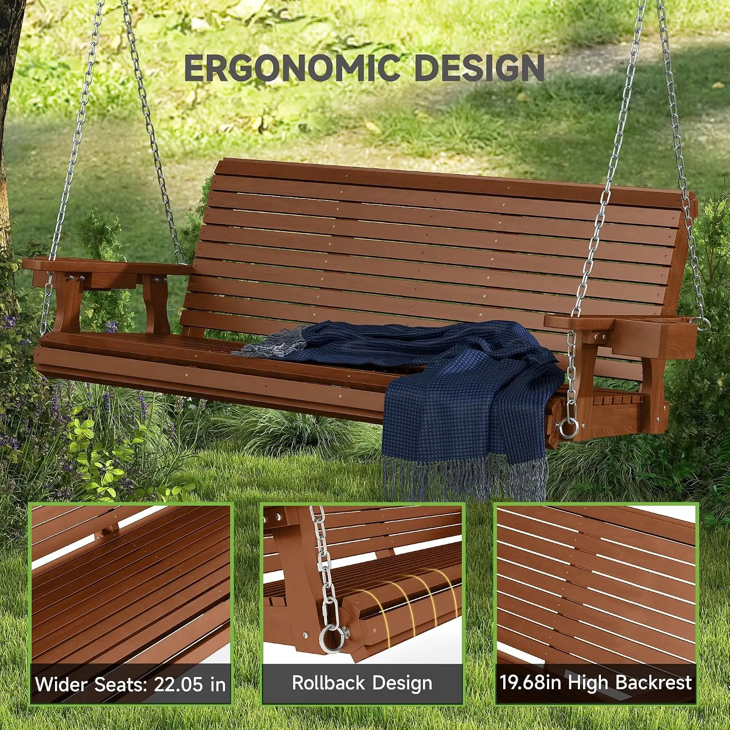 Wooden 3-Person Porch Swing with Cup Holders Heavy Duty 880 Lbs 22