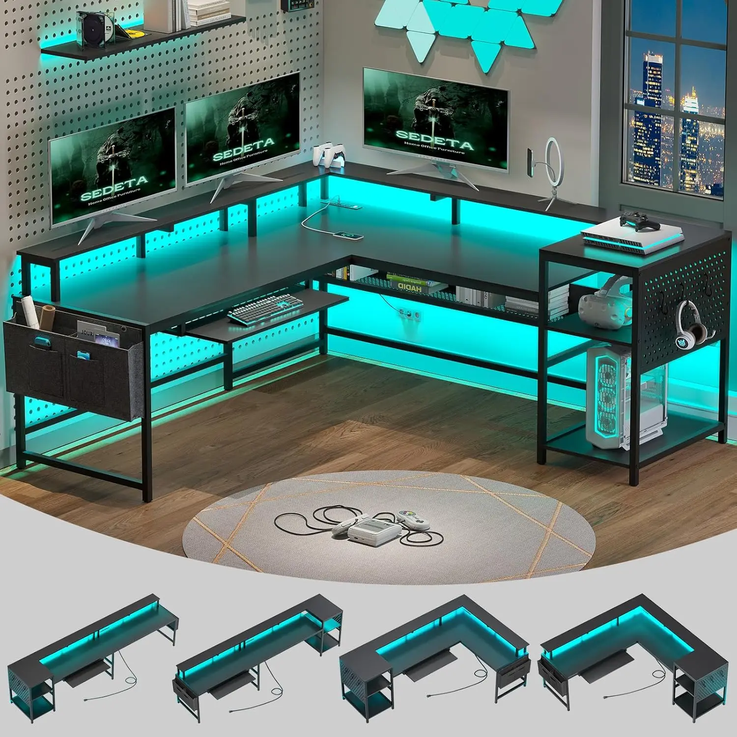 

SEDETA L Shaped Gaming Reversible Computer Desk with Power Outlets & LED Strip Monitor Shelf Keyboard Tray Pegboard Shelves